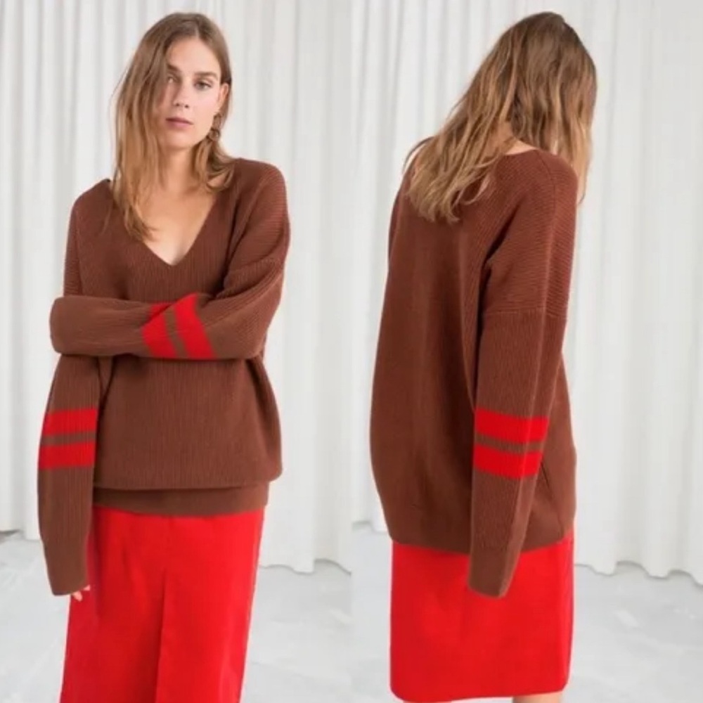& Other Stories Brown and Red Striped Oversized Sweater - M